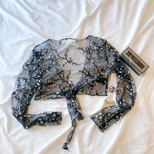 UO Maura Sheer Embroidered Tie Front Top